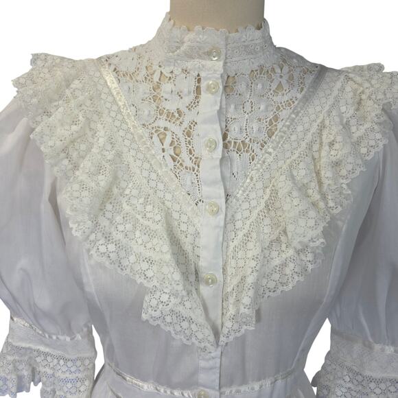 Gunne Sax Vintage 70s White Lace Midi Dress Size 11 M Edwardian Wedding Cotton - Picture 4 of 11
